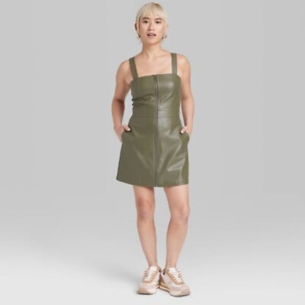 WILD FABLE Women's Faux Leather Square-Neck Mini Pinafore Overall Dress L